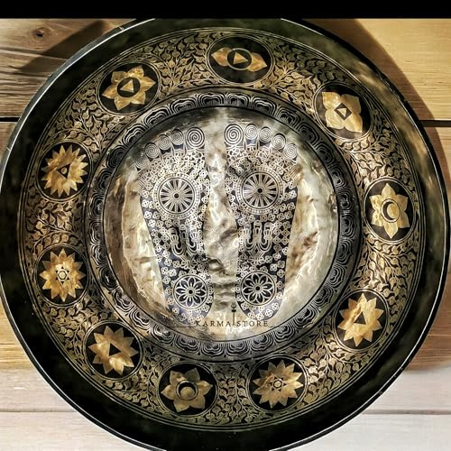 Large Singing Bowl - 20 Inches in Diameter - Buddha's Feet Etched by Artisans from Nepal - For Healing, Sound Bath, Yoga, Relaxation, and Meditation Gold