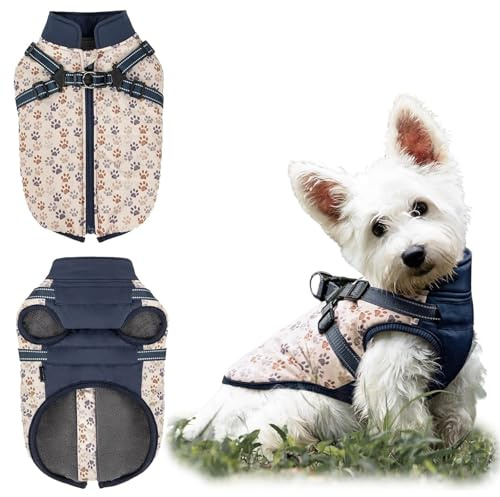 COOHAMS Hunde-Wintermantel für kleine mittelgroße Hunde, wasserdichter Winddichter Welpen-Schneeanzug, Fleecejacke, reflektierender Welpenmantel mit integriertem Geschirr (Pfotenblau, groß)