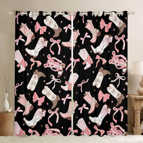 Cortinas para ventana con lazo rosa para niñas, 2 paneles, 52 x 63 pulgadas, cortinas opacas con lazo de coqueta de vaquera, cortinas negras y rosas para dormitorio, cortinas de botas de coqueta