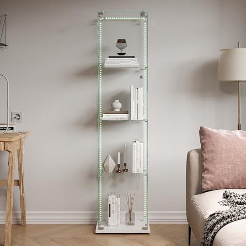 HYTKKBD Stående glasvitrinskåp, premium samlarvitrin med knackljus/LED, 360° panoramablick och tippskydd för vardagsrum, kontor, lekrum (vit, monter med en dörr, 4 nivåer + LED-list)