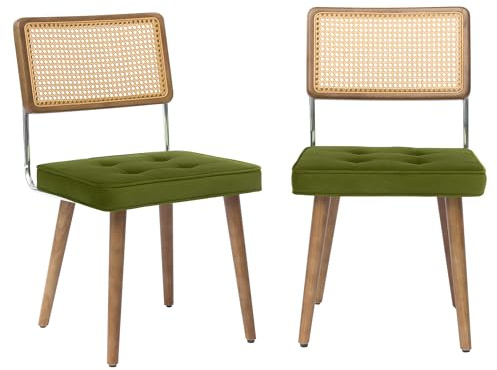 Garvee Set of 2 Rattan Dining Chairs - soft Upholstered - Tall Woven Cane Backrest - Firm Wood Legs - Modern Farmhouse Accent for Dining Room, Kitchen, Green