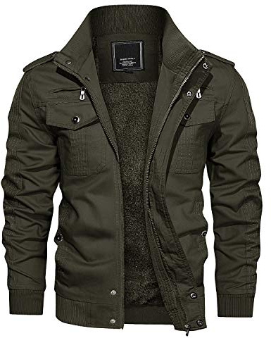 CRYSULLY Men's Cotton Jacket Winter Military Coats Fleece Lined Thick Work Coats Warm Cargo Jackets Army Green M