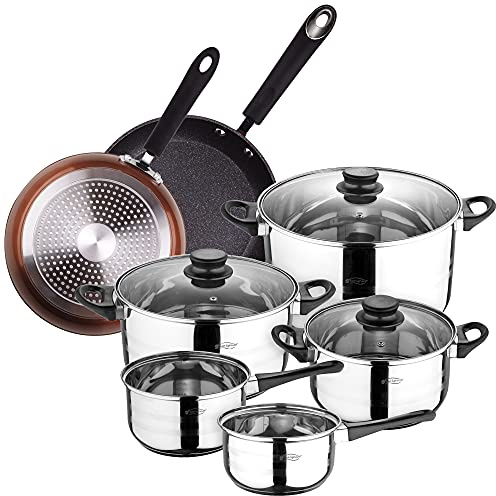 San Ignacio Bateria de cocina 8 piezas acero inoxidable, con juego de sartenes Premium (20 y 24 cm) en aluminio forjado, inducción