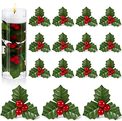 Canlierr 50 Pcs Christmas Holly Berries for Crafts Faux Berries Flowers and Holly Leaves Christmas Wreath Fillers for Vase Fillers Floating Candle Table Centerpiece (Red)