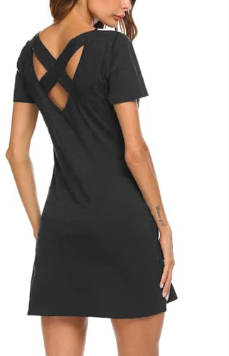 Feager Women's Casual Solid Criss Cross Short Sleeve T Shirt Dress Solid Black L