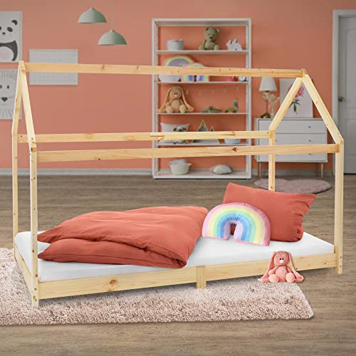 ML-Design Cama Infantil Casa Natural 90x200 cm de Madera de Pino con Techo y Somier Estructura de Listones, Cuna de Suelo Maciza en Forma de Casita, Lecho de Juego Juvenil Mobiliario para Niño y Bebé