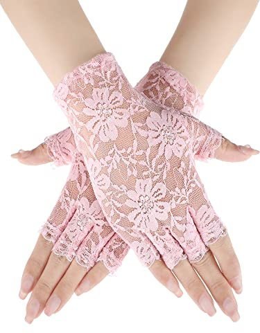 Skylety Lace Gloves for Women 1920s Fingerless Floral Gloves for Halloween Costume Opera Tea Party Wedding Bridal Dress up(Lace,Pink)