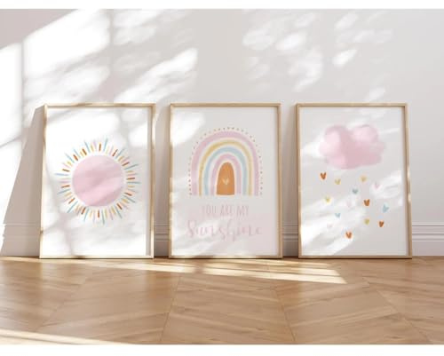 MeinBaby123® Poster Kinderzimmer | er Set DIN A4 Poster Set | Wandbilder mit Spruch | Regenbogen | Deko Kinderzimmer Mädchen Junge | Babyzimmer Deko | Wandposter Premium (You are my sunshine)