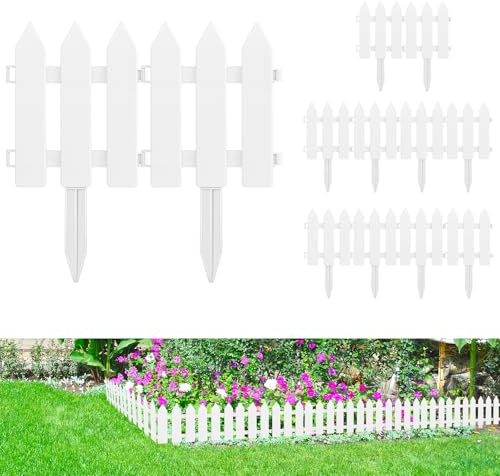 PLULON 18 Pieces Garden Fence with 18 Pieces Fence Insert White Plastic Fence Garden Picket Fence Edgings Lawn Flowerbeds Plant Borders Decorative Garden Yard