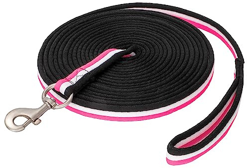 Start Longierleine für Reitsport – Pferdelonge 8 m aus Nylon – Softlonge mit Handschlaufe & Karabiner – rutschfeste Longe für Pferd – Robuste Longierleine für Training (Neonpink/Weiß/Schwarz)