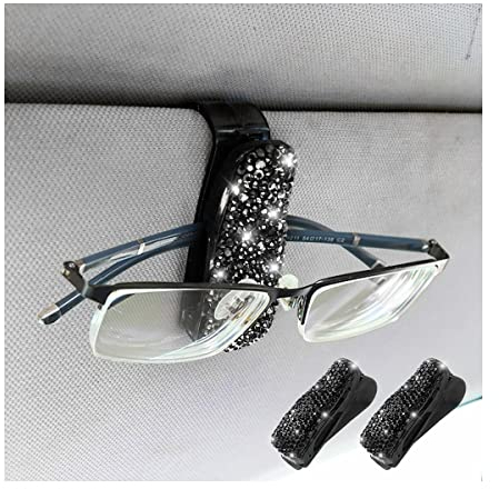 CGEAMDY Soporte de gafas para coche, 2 piezas de soporte para gafas de coche de estrás, clips de parasol de coche, soporte de gafas de sol de coche para gafas, tarjetas (negro)