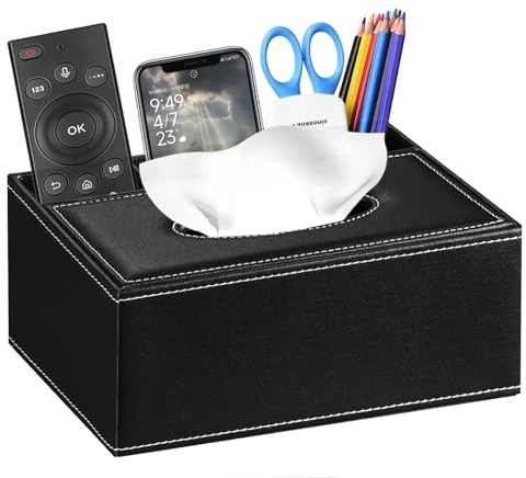 Leather Tissue Box Cover Rectangle,Compatible with Kleenex Box Covers,Facial Tissue Box Holder with Remote Control Holder,Decorative Nighstand Organizer,Tissue Dispenser for Bathroom Black