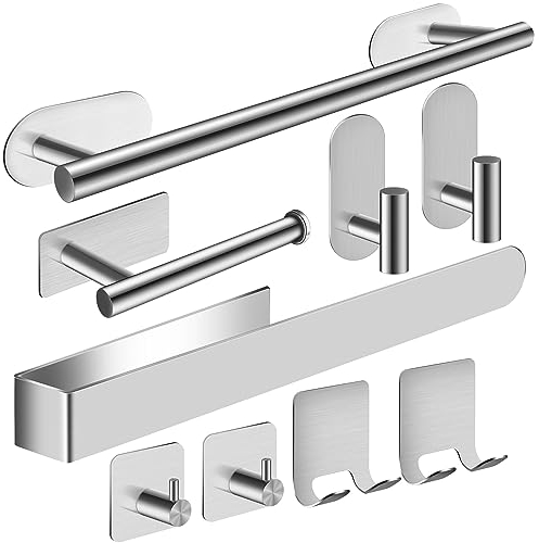 Set portasciugamani da bagno/cucina, installazione senza fori, set di accessori per la parete del bagno, 9 pezzi, colore: argento