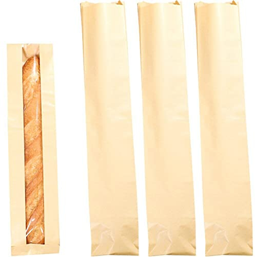 vepoty French Bread Bag 50pcs Oil Proof Kraft Paper Long Bread Bag Bakery Packaging Bag with Clear Window Bread Bag