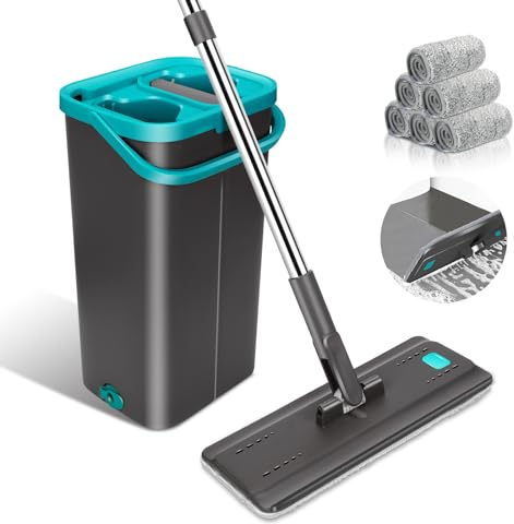 Myiosus Wischmopp Set mit Eimer, Bodenwischer, Flach Wischer Boden mit 140 cm Edelstahlgriff, 2 in 1 Putzeimer mit Wischmop, 360° Drehung, Mikrofaser Wischer mit Auswringfunktion für Alle Böden-6 Pads
