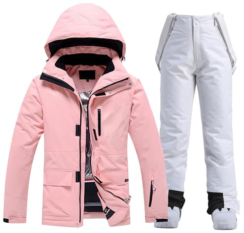 ALSOGO Damen Skijacke & Skihose Set Skianzug 2 teilig Schneeanzug Wasserdicht Warm Winterjacke mit Abnehmbare Kapuzen zum Skifahren Snowboarden Schneejacke Schneehose