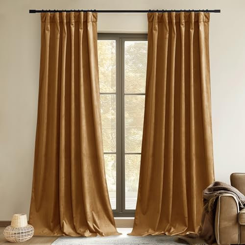 StangH Mustard Gold Curtains Velvet 96 inches, Back Tab & Hook Belt Luxury Soft Panels, Blackout Heat & Chill Insulated Drapes for Sliding Door/Living Room/Backdrops, W52 x L96 inches, 2 Panels