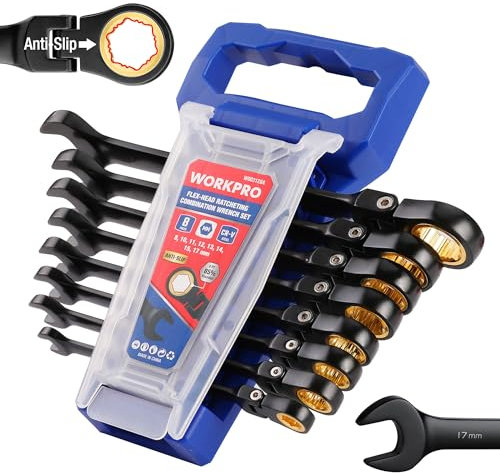WORKPRO Juego de llaves combinadas de trinquete antideslizantes de cabeza flexible de 8 piezas, métricas