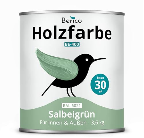 Berico Holzfarbe 3,6 Kg - 4in1 Premium Holzlack - RAL 6021 Salbeigrün | Robuster Holz- & Wetterschutz inkl. Grundierung, für Innen & Außen, schnelle Trocknung, hohe Deckkraft