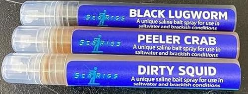searigs Sea Fishing PEELER CRAB, BLACK LUGWORM & DIRTY SQUID Concentrated Bait Sprays For Cod, Bass, Conger, Smooth hound, Plaice, Flounder