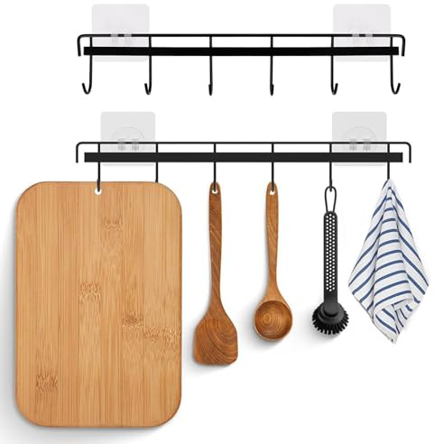 Qinsky Schwarz 6 Haken Küchenhalter,2pcs Hakenleiste für Küchenutensilien Küchenhalterung Ohne Bohren Selbstklebend Küche Hängeleiste für Küche Badezimmer