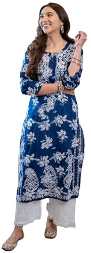 GoSriKi Kurta droit brodé Chikankari en rayonne mélangée pour femme, bleu, L