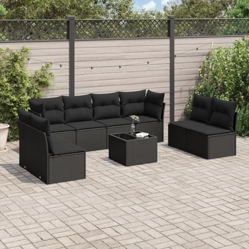 ULUYYUC 9-TLG. Garten-Sofagarnitur, Eckbank Küchensofa Bodensofa Ecksofa Geeignet für Hinterhof Außenbereich Garten Balkon mit Kissen Schwarz Poly Rattan