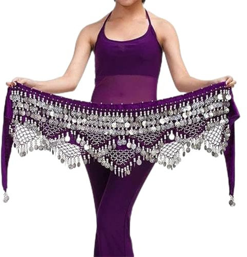 BDXZGX Münzgürtel, Münzschal, Bauchtanz-Taillenkette, Hüfttuch, Bauchtanzgürtel, Tanz-Taillengürtel, 12 Farben zur Auswahl, 1, Lila, Silber