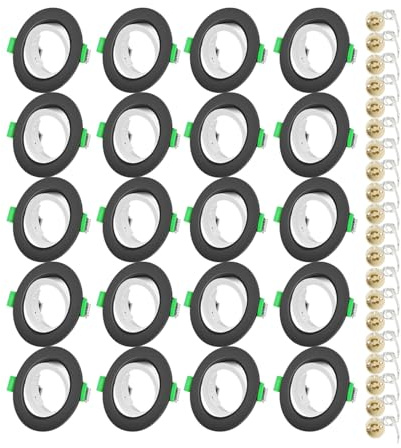 Projecteurs Spot Encastrable GU10 Set Cadre Avec Douille Céramique GU10,Rond Noir Anneau Extérieur et Blanc Anneau Intérieur,Cadre de Montage Spot LED,Orientable A 30°,Pour Spots de Plafond,Lot de 20