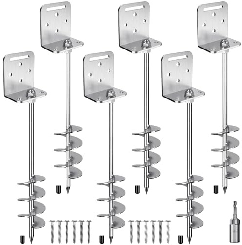 6 Pack 24 Ground Anchors Screw in Trampoline Stakes Anchors Kits 2.7 Wide Spiral Fence Earth Anchor Set with L Bracket Playset Anchor Mobile Home Anchors for Swing Set, Tent, Shed, Canopy, Carport