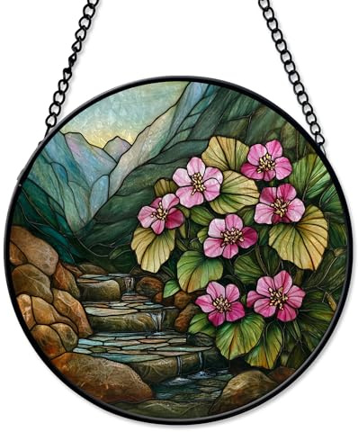 Bergenia Himalayan Steps Suncatcher Window Hanging Handmade Stained Glass Suncatchers Decoration with Metal Chain Outdoor Garden Decor Gift for Women Christmas Thanksgiving uKwWkt