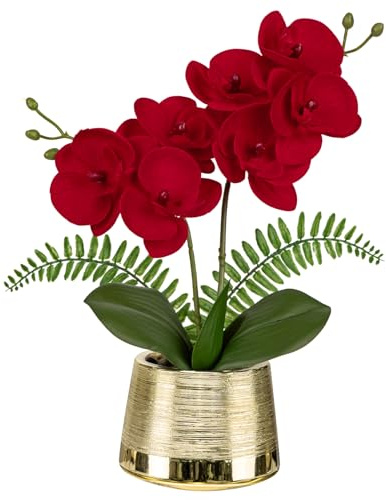 Oairse Artificial Orchid Flowers Red Artificial Flower in Silver Ceramic Pots Real Touch Silk Phalaenopsis Faux Orchids Plant for Home Office Kitchen Bathroom Bedroom Table Decoration, 31CM