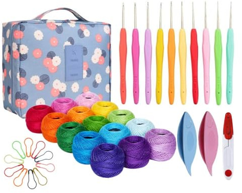 Knitiss 15 Crochet Thread Balls & 10 Lace Crochet Hooks with Storage Bag | 100% Cotton Thread, 2 Tatting Shutters Tools, Lace Yarn, Small Size Crochet Hooks