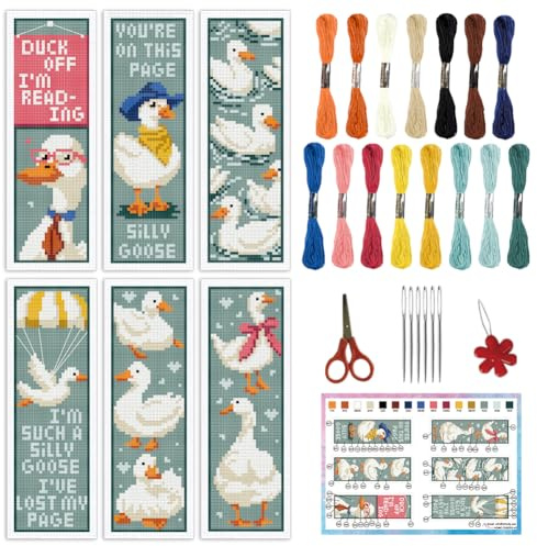 INFUNLY 6 Stück Entenküken Kreuzstich Lesezeichen Set für Anfänger Gänse und Wörter gestempelt Stick Lesezeichen Sets Tiere Needlepoint Lesezeichen Set mit Anleitung für Buchliebhaber