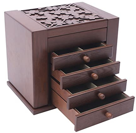 BraveeFly Grande boîte de rangement vintage à 5 niveaux en bois avec 4 tiroirs, pour tous les types de bijoux, lunettes de soleil, montres, pinces à cheveux, marron