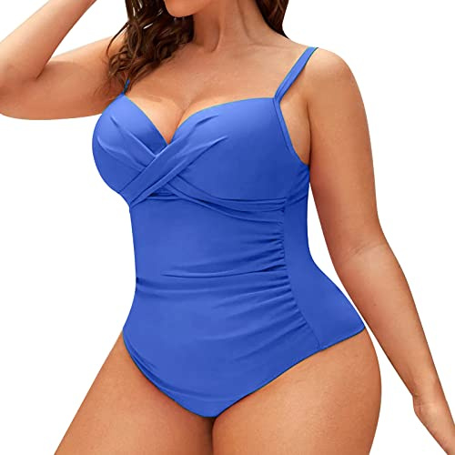 Bikini pour femme bonnet E grande taille, couleur unie, détails froncés, armatures, bonnets rembourrés amovibles, maillot de bain côtelé, bleu, XXL