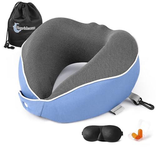 Nourideaux Comfy - Coussin de nuque de voyage en mousse à mémoire de forme - Réglable - Ergonomique - Pour un soutien à 360 ° - Dos étroit - Housse douce et respirante - Bleu