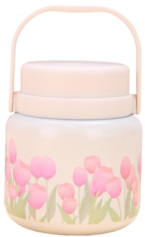 Meichoon Récipient alimentaire isotherme portable de 500 ml en acier inoxydable 316 pour enfants et adultes, anti-fuite, avec cuillère pliable, motif tulipe beige