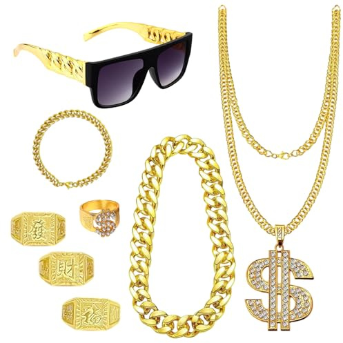 8 stycken hip hop kostym tillbehör set plast dollar kedja guldkedja gyllene armband dollar tecken ring hanziringar retro solglasögon hippie tillbehör för rapper cosplay karneval