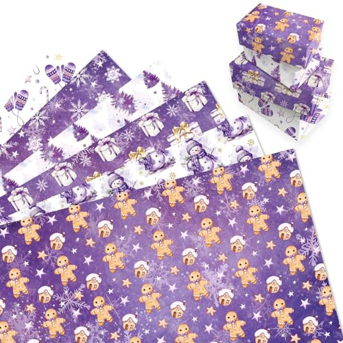 MORAINJAY 12 Sheets Wrapping Paper Christmas Purple, Santa 2025 Christmas Tree Wrapping Paper, Xmas Snowman Gingerbread Man Gift Wrap for Girls Winter Birthday Festival Kids Gift Wrap 68x50cm
