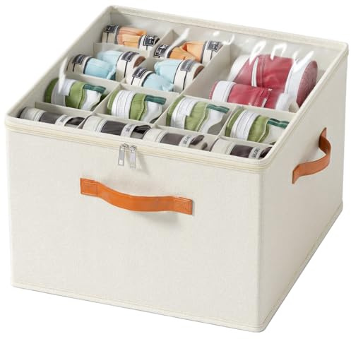 Corkovia Organisateur Chaussures Réglables pour Placard,Boite Rangement Chaussures Gain de Place en Tissu avec Couvercle Transparent,Boite a Chaussure Pliable avec 3 Poignées,Idéal pour 8-16 Paires