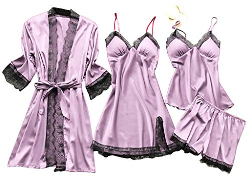 Generisch 2025 Robe de nuit en dentelle pour femme Ensemble de pyjamas Robe en soie Peignoir de bain Sous-vêtements Pause de bébé Pyjama, lilas, 4XL