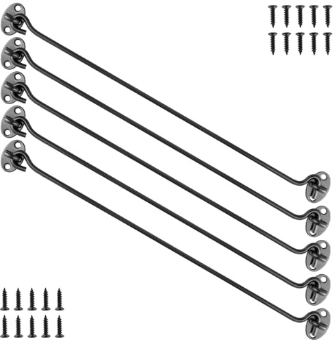 CHUEHKAK Lot de 5 crochets tempête en acier inoxydable avec œillet (40 cm) - Noir mat - Crochets de cabine pour portes et fenêtres - 20 vis de montage - Verrou de porte en acier inoxydable pour