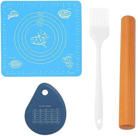 4 Stück Nudelholz Holz, Backzubehör Set mit Nudelholz Silikon, Teigrolle, Teigmatte und Backmatte Silikon, Ideal für Pizza, Kekse und Fondant