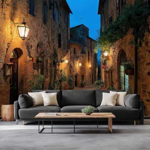 Wall Mural Photography Tuscan Small Town Street 300 x 210 cm Photo Wallpaper, Non-Woven Mural Wallpaper - Living Room Bedroom Kids Room TV Sofa Background Family Wall Decor