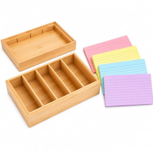 Scatola per schede in legno, formato A8, con 4 divisori estraibili e 200 schede colorate in legno con coperchio, scatola per scuole, aule, casa, ufficio (inclusa carta indice