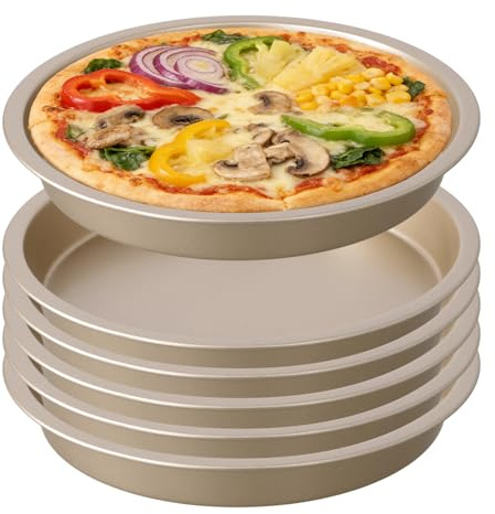 JEUIHAU 6 PCS Pizza Baking Tray Non Stick, 6 inch Round Baking Pan Durable Carbon Steel Deep Pizza Oven Pan for Baking, Making Pizza, Home Kitchen(Gold)
