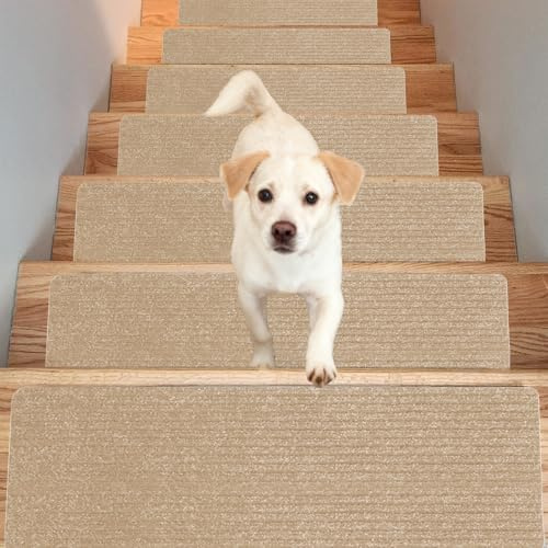 BUERPINKING 15 tappetini per scale, autoadesivi per interni, gradini, antiscivolo, ritagliabili, riutilizzabili, per bambini anziani e animali domestici (beige, 55 cm x 22 cm)