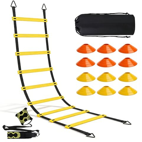 BORDEAG Accesorios de entrenamiento de fútbol, escalera de coordinación de 6 m, juego de entrenamiento de fútbol con 12 muñequeras de fútbol y cuerda de saltar, accesorios de entrenamiento, regalos