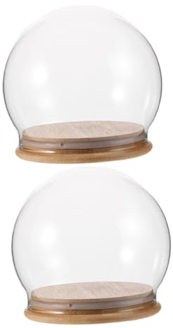 VICASKY Lot de 2 Dômes en Verre Sphériques 12 Cm avec Socle en Bambou, Cloches de Protection Anti-poussière pour Fleurs Éternelles et Créations DIY, Présentoir Décoratif Polyvalent